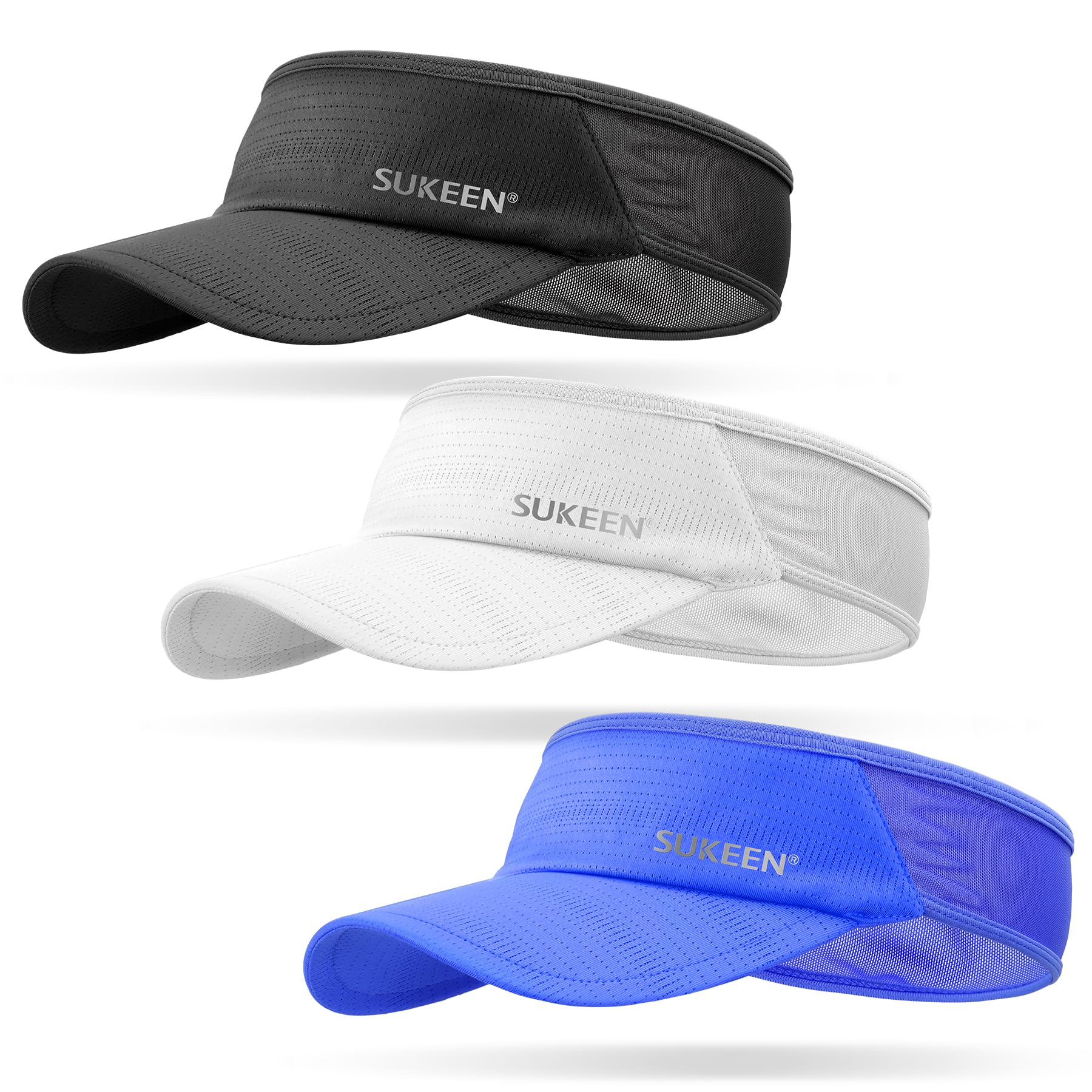Sukeen 3 Pack Sports Sun Visor Men Women Lightweight Packable Cooling Stretchy Visor Hat for Running, Tennis, Golf, Daily Wear